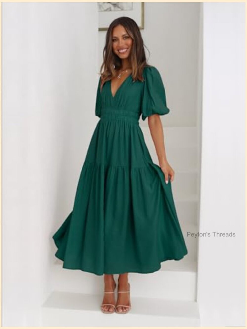Deep V Neck Puff Short Sleeve Maxi Dress Flowy Tiered Boho Summer Dress - Picture 2 of 7